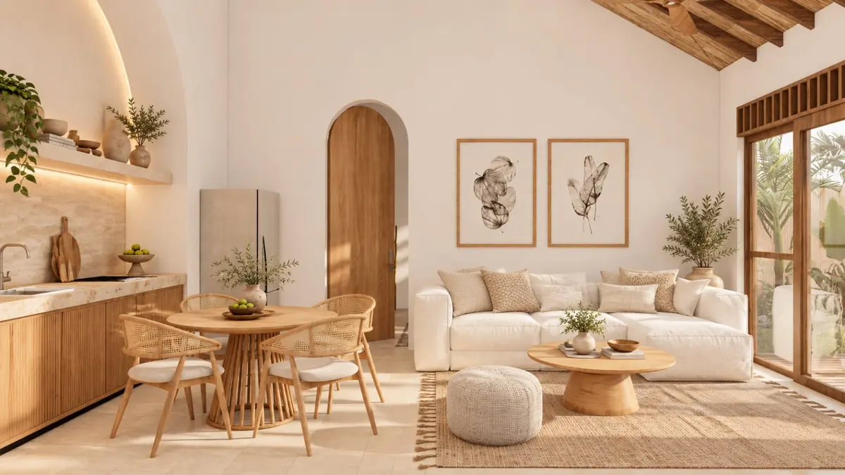 Intérieur d'un bungalow : cuisine équipée, table à manger et salon sous charpente en bois