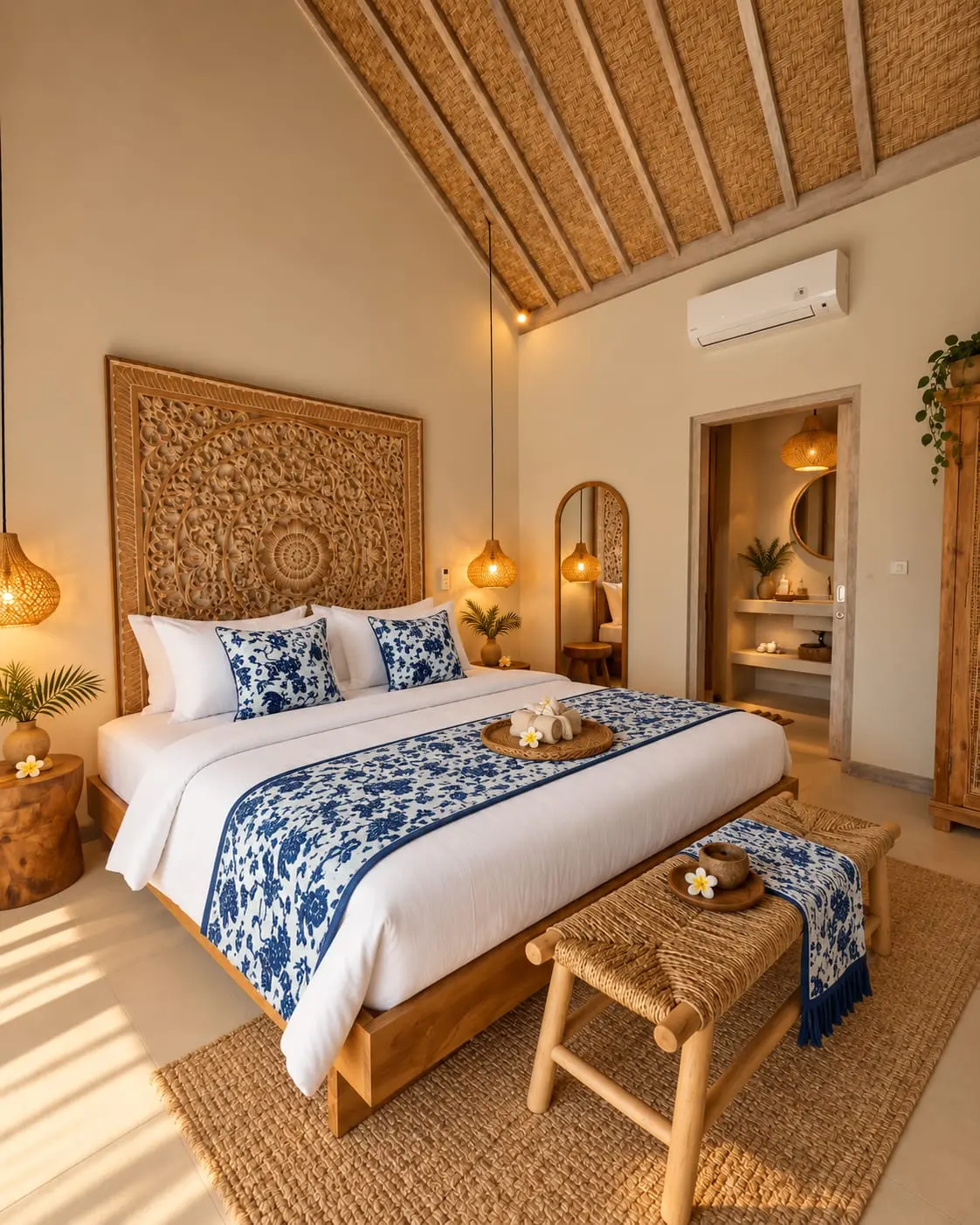 Chambre avec grand lit, tête de lit en bois sculpté, linge bleu et blanc, salle de bain attenante