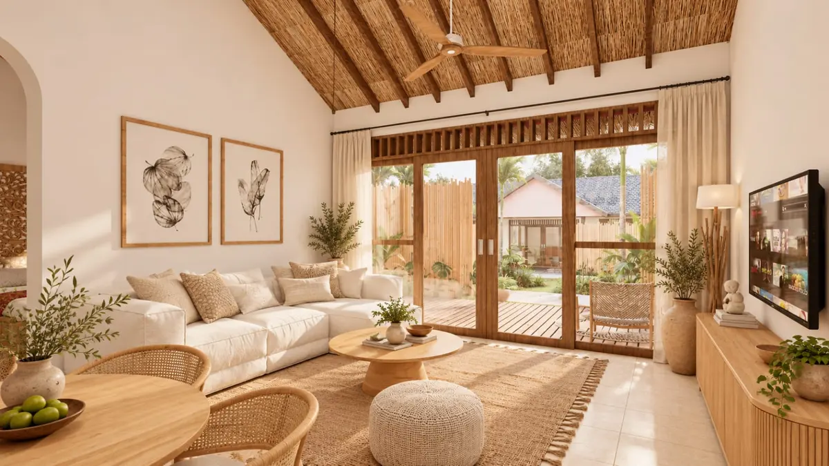 Salon avec canapé d'angle, baies vitrées ouvertes sur la terrasse et le jardin