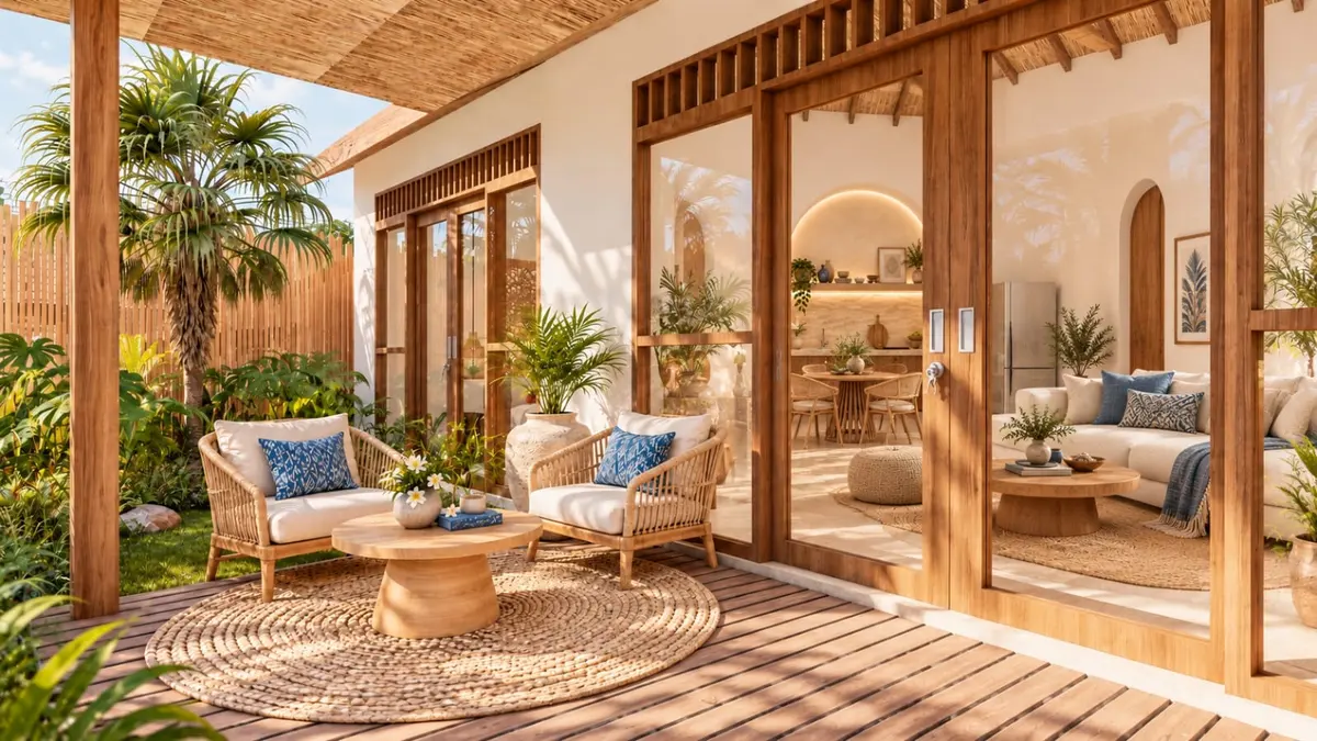 Terrasse privative en bois avec fauteuils, ouverte sur le salon par de grandes baies vitrées