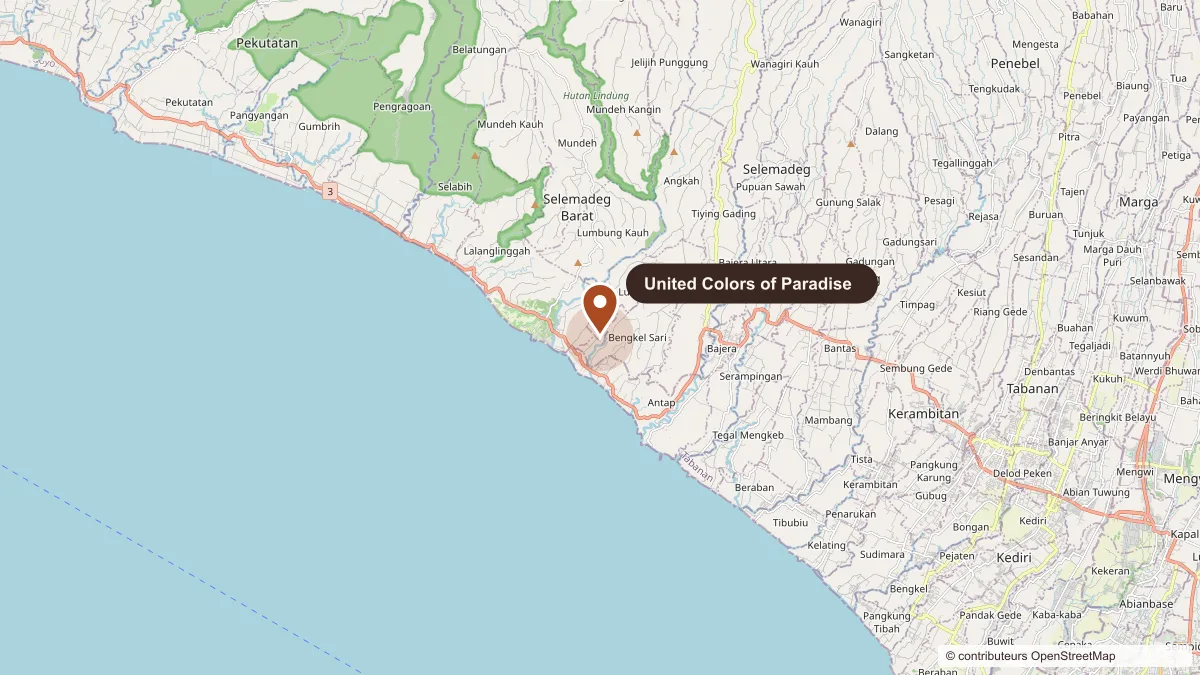 Carte de la côte ouest de Bali : le terrain du projet se situe à Balian, dans la région de Tabanan, près de l'océan