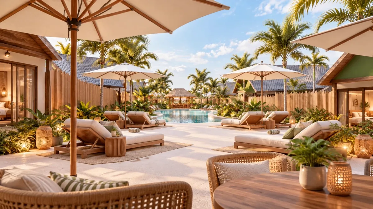 Vue 3D du projet : solarium et transats autour de la piscine, entourée de palmiers et de bungalows