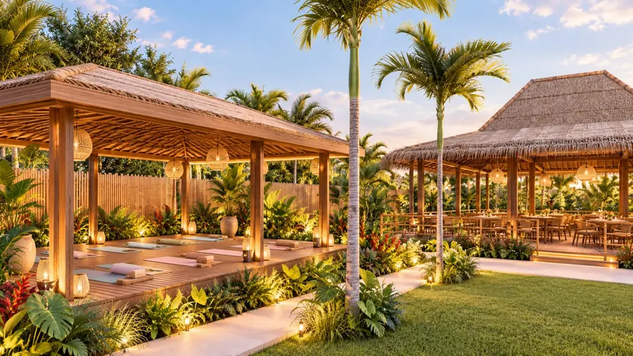 Yoga shala et restaurant, pavillons ouverts sur le jardin