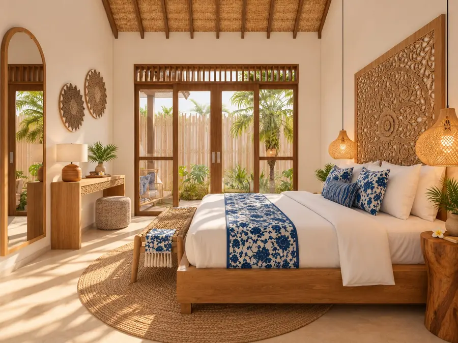 Chambre d'un bungalow avec lit double, linge bleu et blanc, baies vitrées ouvertes sur le jardin