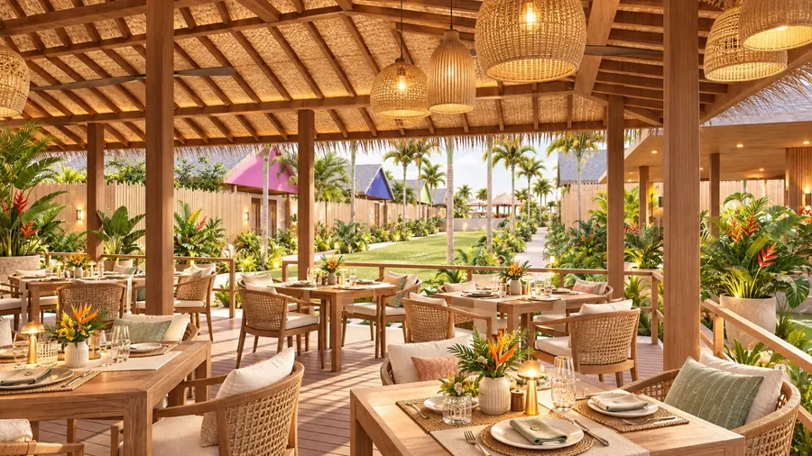 Restaurant sous charpente balinaise, tables dressées et vue sur les jardins